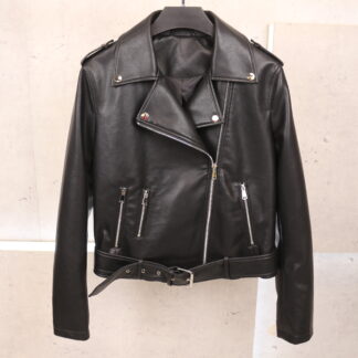 Chaqueta de motociclista de piel sintética con cinturón para mujer